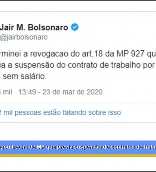 Bolsonaro diz que revogou trecho de MP que previa suspensão de contratos de trabalho